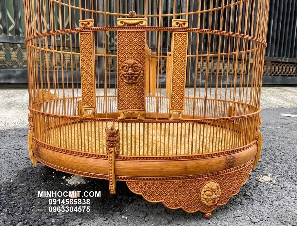 LỒNG CHÒE LỬA 84 TRE GIÀ CHẠM HOA MAI & MẶT HỔ PHÙ viền BI đẹp