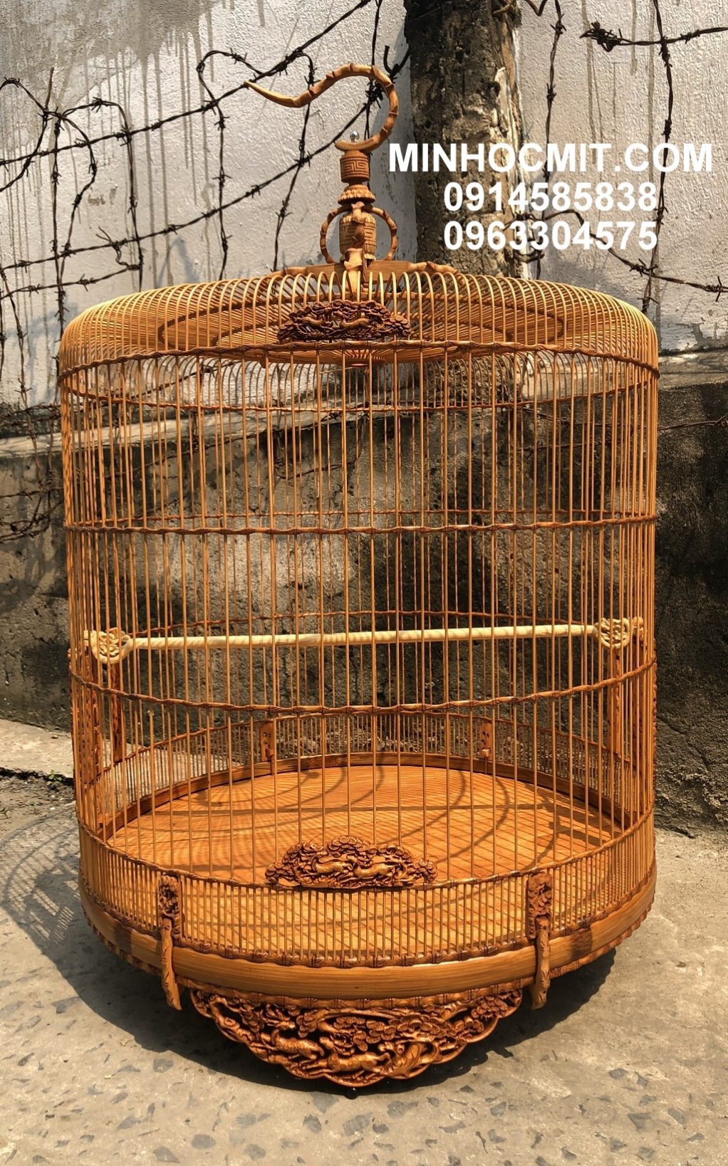 Lồng Chòe Lửa 96 chạm Tùng Hưu thủng viền Trúc sàn gỗ Gõ