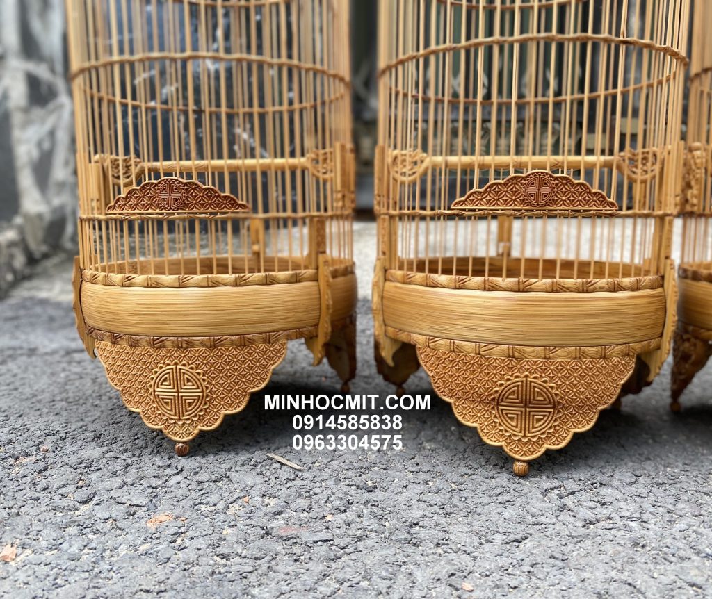 Lồng chim Ốc Mít & Hút Mật tre già chạm Hoa Tranh 5 vành đẹp