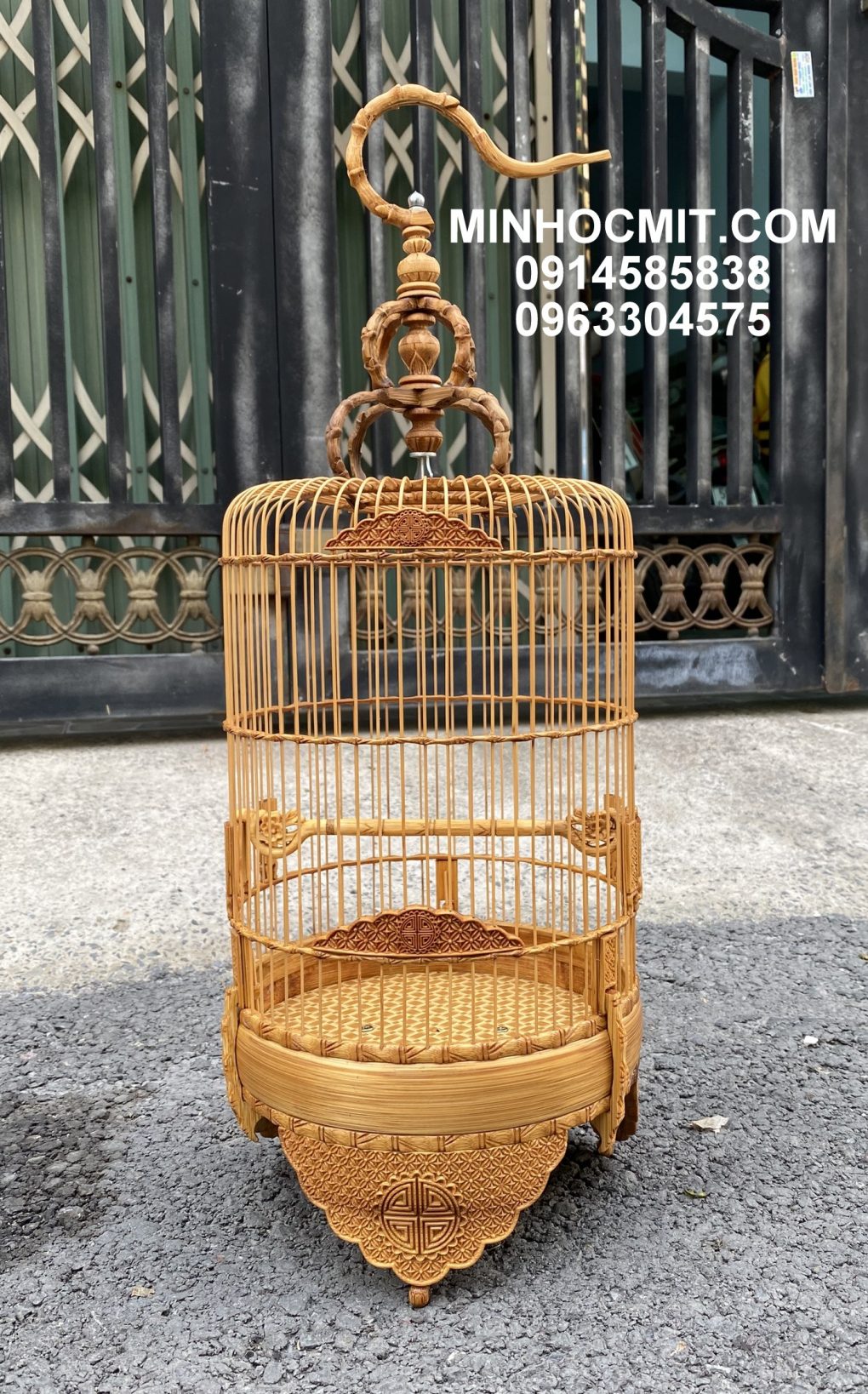 Lồng chim Ốc Mít & Hút Mật tre già chạm Hoa Tranh 5 vành đẹp