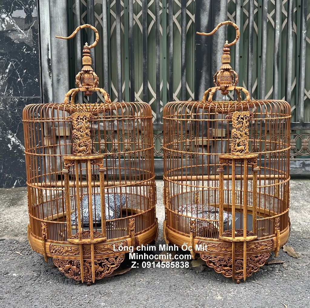 Lồng chim Khướu & Họa Mi hót tre già chạm tang 3 mặt Tùng Nai Hạc thủng cực đẹp